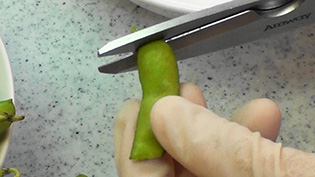 塩味が豆の中にまでよくしみ込むよう、両端のヘタをキッチンばさみで切る